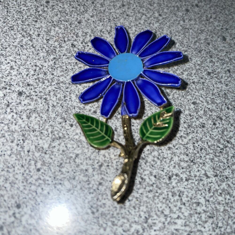 Vintage Signed ART Enamel Daisy Flower Brooch Blue Gold Tone Arthur Pepper - Picture 2 of 5